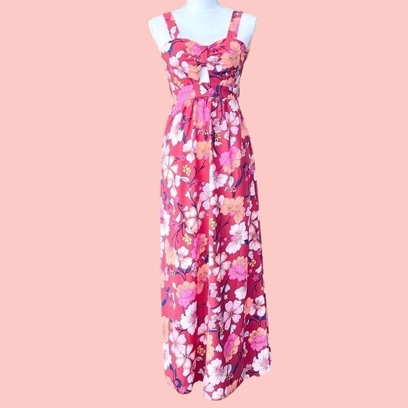 🎁 MONTEAU LA Pink & Red Floral Smocked Maxi Dress Sleeveless Size XS - Picture 3 of 11